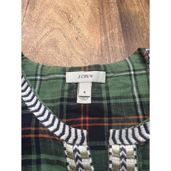 J.Crew Women's Green Tartan Plaid Print Embroidered Peasant Blouse Top Size 6 - Picture 3 of 6